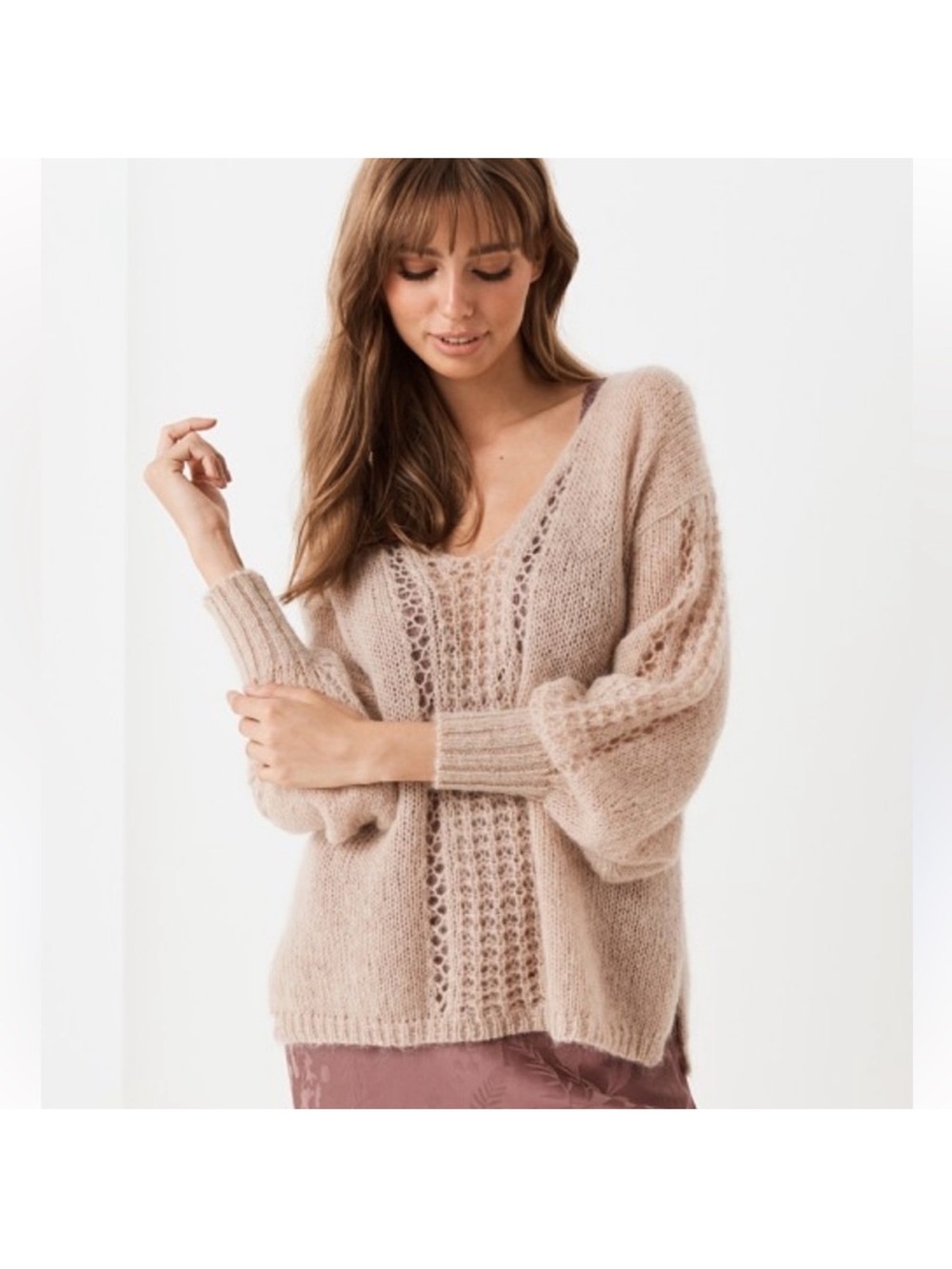 Spell & The Gypsy Collective Knit V-Neck Jumper M/L Mohair Wool Stone Boho - Picture 8 of 8